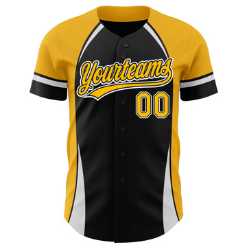 Custom Black Gold-White 3D Pattern Design Curve Solid Authentic Baseball Jersey
