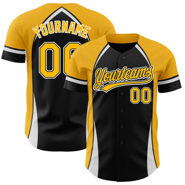 Custom Black Gold-White 3D Pattern Design Curve Solid Authentic Baseball Jersey