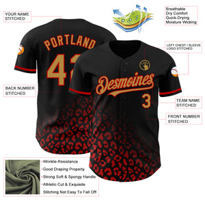Custom Black Old Gold-Red 3D Pattern Design Leopard Print Fade Fashion Authentic Baseball Jersey