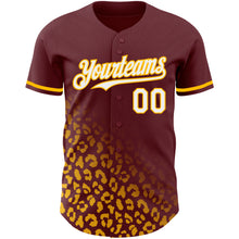 Load image into Gallery viewer, Custom Burgundy White-Gold 3D Pattern Design Leopard Print Fade Fashion Authentic Baseball Jersey
