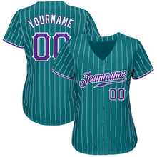 Load image into Gallery viewer, Custom Teal White Pinstripe Purple-White Authentic Baseball Jersey
