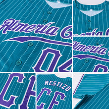 Load image into Gallery viewer, Custom Teal White Pinstripe Purple-White Authentic Baseball Jersey
