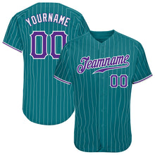 Load image into Gallery viewer, Custom Teal White Pinstripe Purple-White Authentic Baseball Jersey
