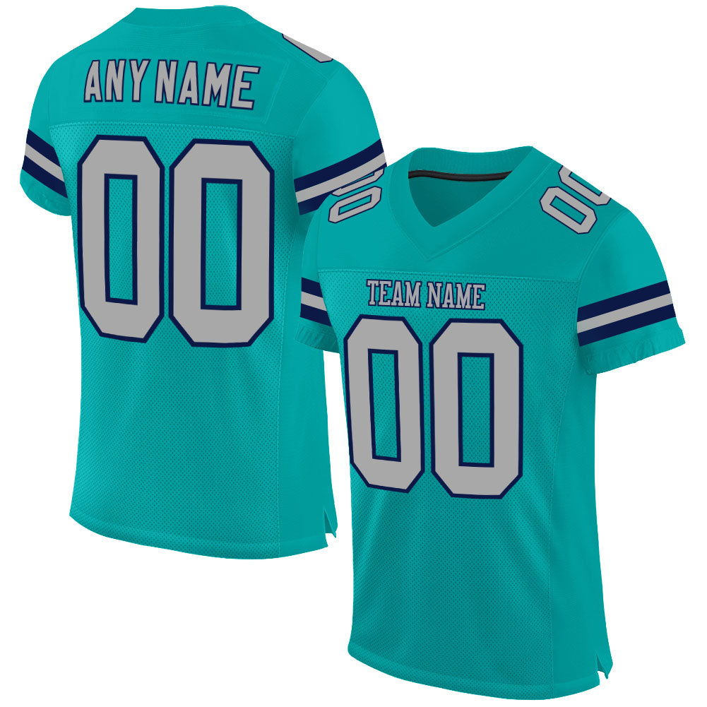 Custom Aqua Gray-Navy Mesh Authentic Football Jersey