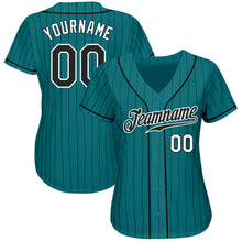 Load image into Gallery viewer, Custom Teal Black Pinstripe Black-White Authentic Baseball Jersey

