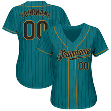 Load image into Gallery viewer, Custom Teal Black Pinstripe Black-Old Gold Authentic Baseball Jersey

