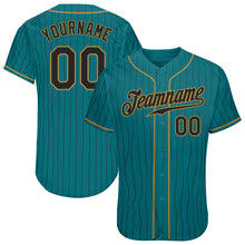Load image into Gallery viewer, Custom Teal Black Pinstripe Black-Old Gold Authentic Baseball Jersey
