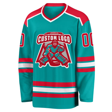 Custom Aqua Red-White Hockey Jersey