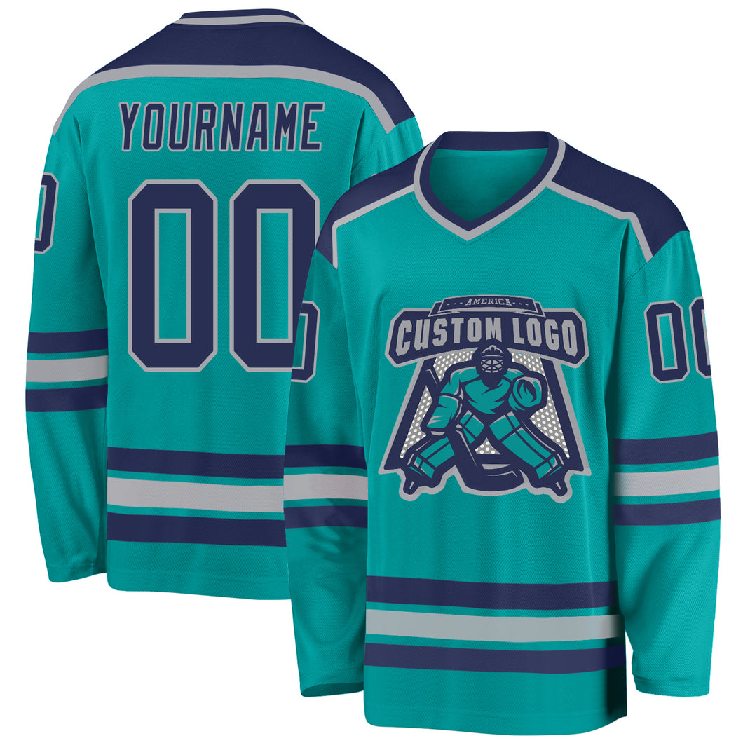 Custom Aqua Navy-Gray Hockey Jersey