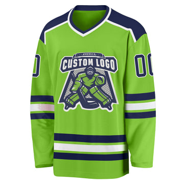 Custom Neon Green Navy-White Hockey Jersey