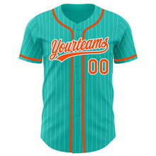 Load image into Gallery viewer, Custom Aqua White Pinstripe Orange Authentic Baseball Jersey
