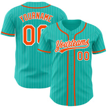 Load image into Gallery viewer, Custom Aqua White Pinstripe Orange Authentic Baseball Jersey
