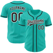 Load image into Gallery viewer, Custom Aqua White Pinstripe Black Authentic Baseball Jersey
