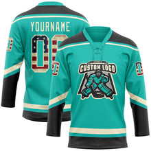 Load image into Gallery viewer, Custom Aqua Vintage USA Flag Black-Cream Hockey Lace Neck Jersey
