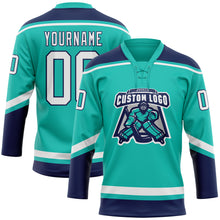 Load image into Gallery viewer, Custom Aqua White-Navy Hockey Lace Neck Jersey
