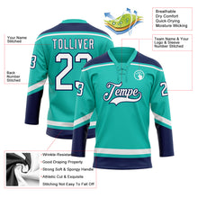 Load image into Gallery viewer, Custom Aqua White-Navy Hockey Lace Neck Jersey
