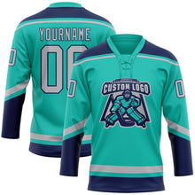 Load image into Gallery viewer, Custom Aqua Gray-Navy Hockey Lace Neck Jersey
