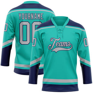 Custom Aqua Gray-Navy Hockey Lace Neck Jersey