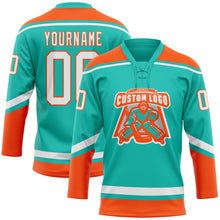 Load image into Gallery viewer, Custom Aqua White-Orange Hockey Lace Neck Jersey
