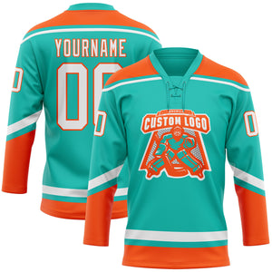 Custom Aqua White-Orange Hockey Lace Neck Jersey