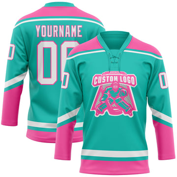 Custom Aqua White-Pink Hockey Lace Neck Jersey
