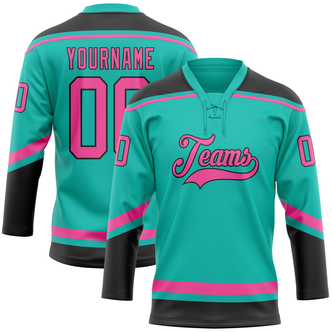 Custom Aqua Pink-Black Hockey Lace Neck Jersey