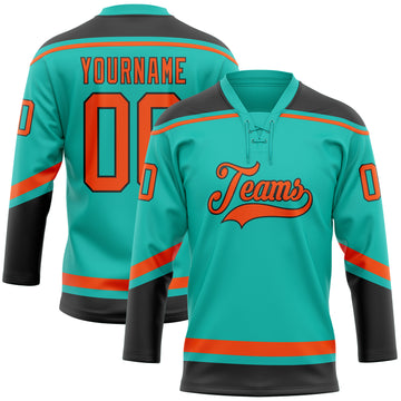Custom Aqua Orange-Black Hockey Lace Neck Jersey