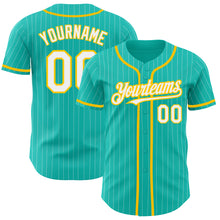 Load image into Gallery viewer, Custom Aqua White Pinstripe White-Yellow Authentic Baseball Jersey

