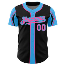 Load image into Gallery viewer, Custom Black Pink-Sky Blue 3 Colors Arm Shapes Authentic Baseball Jersey

