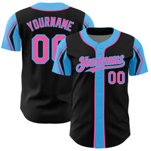 Load image into Gallery viewer, Custom Black Pink-Sky Blue 3 Colors Arm Shapes Authentic Baseball Jersey
