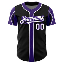 Load image into Gallery viewer, Custom Black White-Purple 3 Colors Arm Shapes Authentic Baseball Jersey

