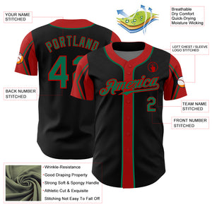 Custom Black Kelly Green-Red 3 Colors Arm Shapes Authentic Baseball Jersey