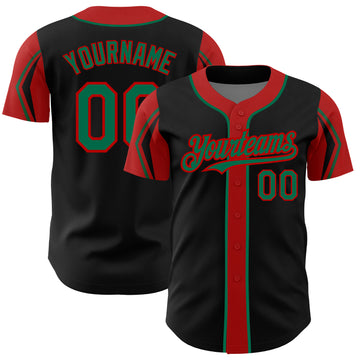 Custom Black Kelly Green-Red 3 Colors Arm Shapes Authentic Baseball Jersey