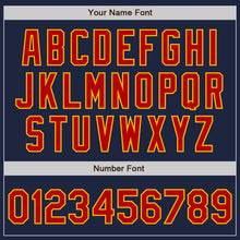 Load image into Gallery viewer, Custom Navy Red-Gold 3 Colors Arm Shapes Authentic Baseball Jersey
