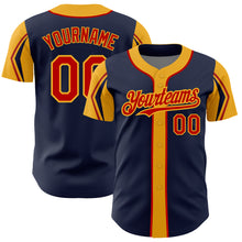 Load image into Gallery viewer, Custom Navy Red-Gold 3 Colors Arm Shapes Authentic Baseball Jersey

