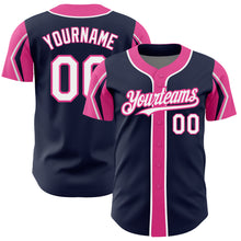 Load image into Gallery viewer, Custom Navy White-Pink 3 Colors Arm Shapes Authentic Baseball Jersey
