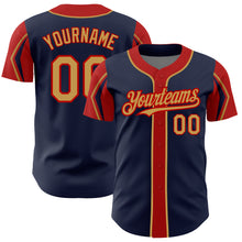 Load image into Gallery viewer, Custom Navy Old Gold-Red 3 Colors Arm Shapes Authentic Baseball Jersey
