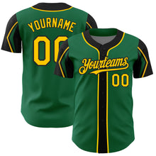 Load image into Gallery viewer, Custom Kelly Green Yellow-Black 3 Colors Arm Shapes Authentic Baseball Jersey
