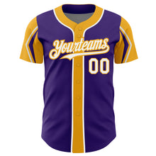 Load image into Gallery viewer, Custom Purple White-Gold 3 Colors Arm Shapes Authentic Baseball Jersey
