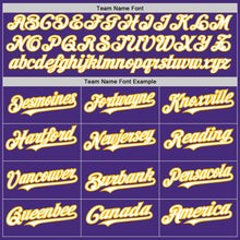 Load image into Gallery viewer, Custom Purple White-Gold 3 Colors Arm Shapes Authentic Baseball Jersey
