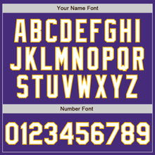Load image into Gallery viewer, Custom Purple White-Gold 3 Colors Arm Shapes Authentic Baseball Jersey
