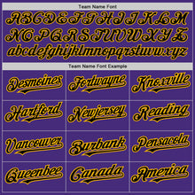 Load image into Gallery viewer, Custom Purple Black-Gold 3 Colors Arm Shapes Authentic Baseball Jersey
