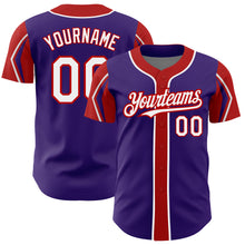 Load image into Gallery viewer, Custom Purple White-Red 3 Colors Arm Shapes Authentic Baseball Jersey
