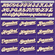 Load image into Gallery viewer, Custom Purple White-Old Gold 3 Colors Arm Shapes Authentic Baseball Jersey
