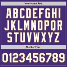 Load image into Gallery viewer, Custom Purple White-Old Gold 3 Colors Arm Shapes Authentic Baseball Jersey
