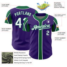 Load image into Gallery viewer, Custom Purple White-Kelly Green 3 Colors Arm Shapes Authentic Baseball Jersey
