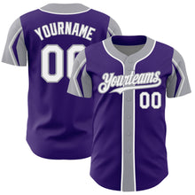 Load image into Gallery viewer, Custom Purple White-Gray 3 Colors Arm Shapes Authentic Baseball Jersey
