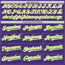 Load image into Gallery viewer, Custom Purple White-Neon Green 3 Colors Arm Shapes Authentic Baseball Jersey
