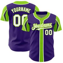 Load image into Gallery viewer, Custom Purple White-Neon Green 3 Colors Arm Shapes Authentic Baseball Jersey
