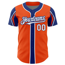 Load image into Gallery viewer, Custom Orange White-Royal 3 Colors Arm Shapes Authentic Baseball Jersey
